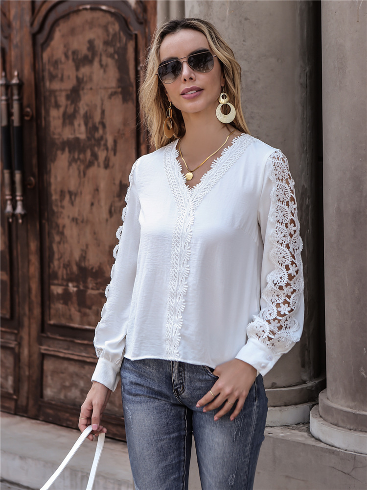 Title 7, New Casual Patchwork Lace V-Neck Long Sleeve Sh...