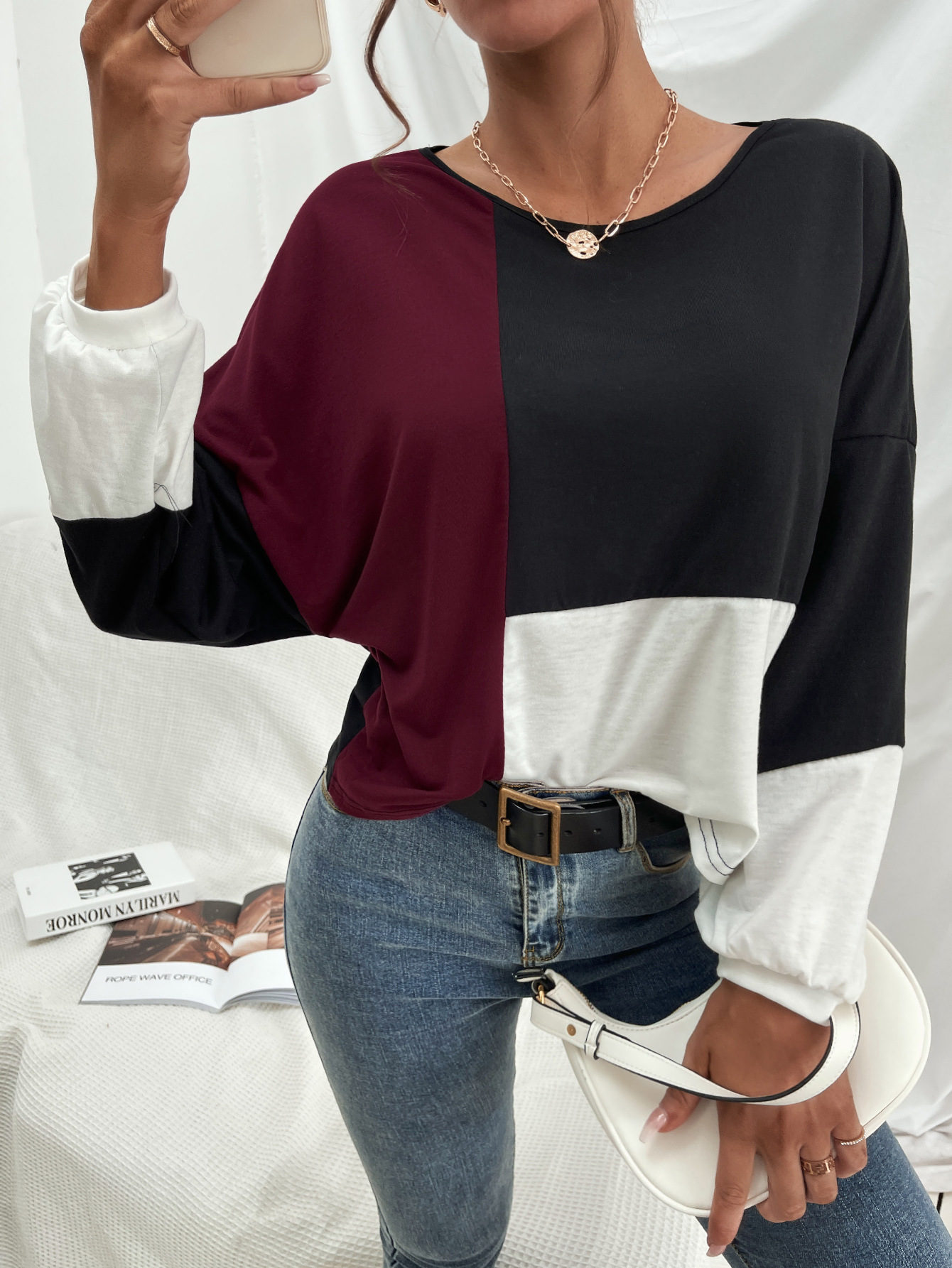 Title 14, Casual Colorblock Crew Neck Pullover Long Sleev...