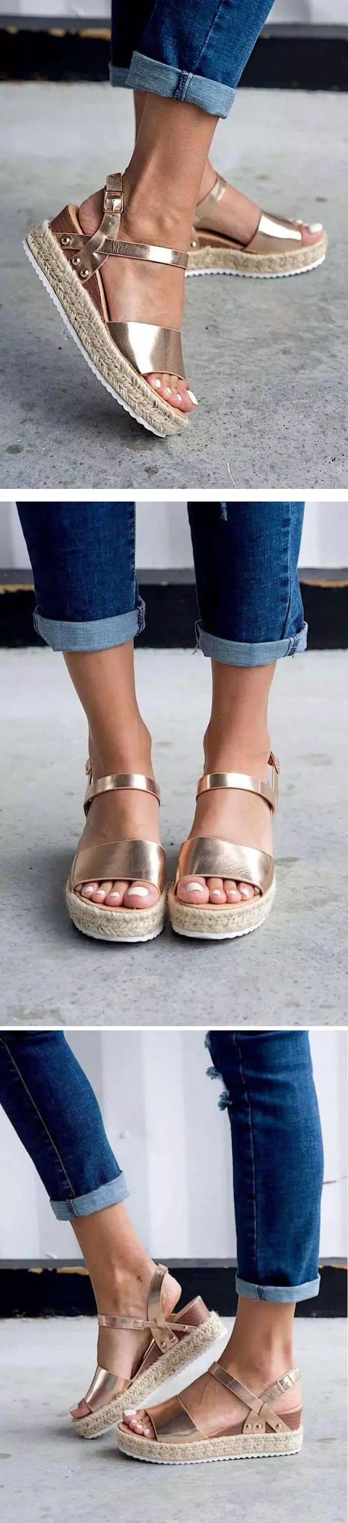 2020 nouveau Rose or Schuhe talons hauts décontractés bride à la cheville été brin Jute Espadrille sandales femmes