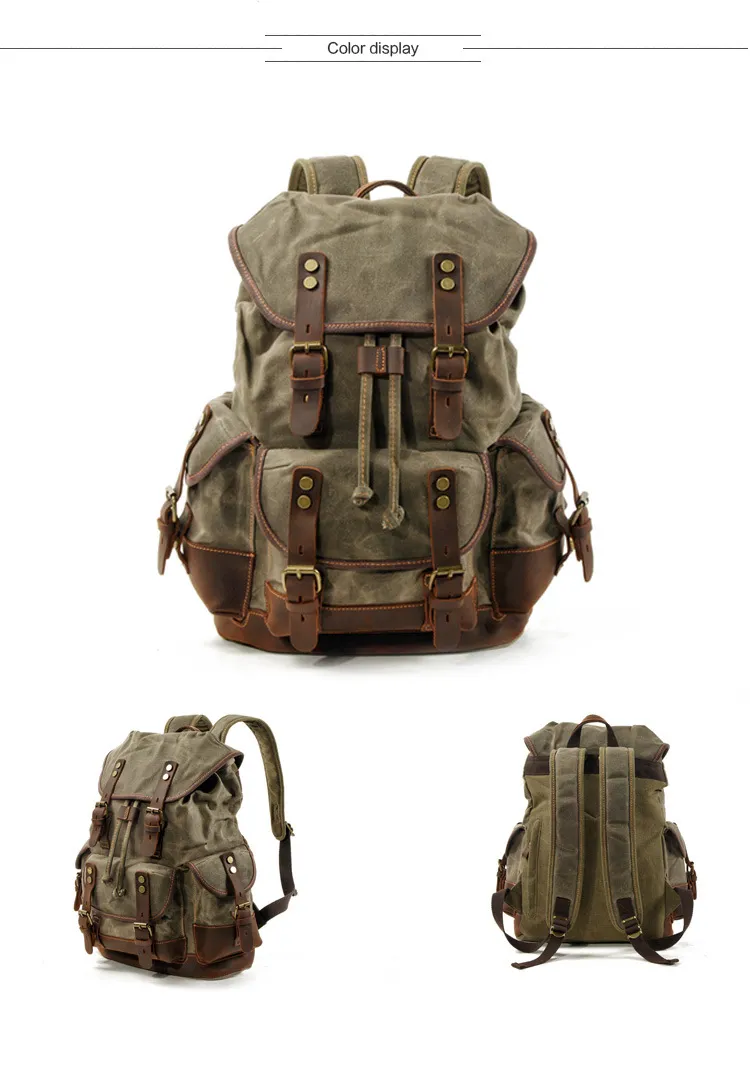 P9508-1 Wax Canvas Waterproof Bags Backpack Laptop