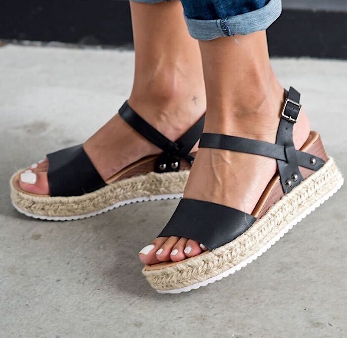 Title 5, Womens hemp rope wedge sandals with a fish mou...