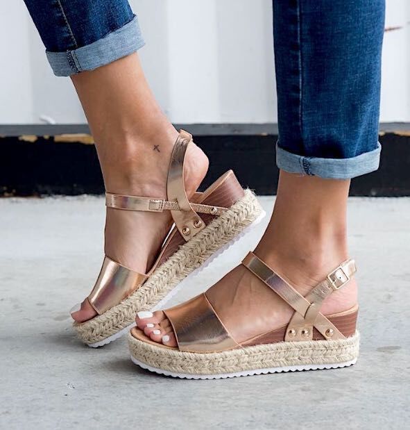 Title 7, Womens hemp rope wedge sandals with a fish mou...