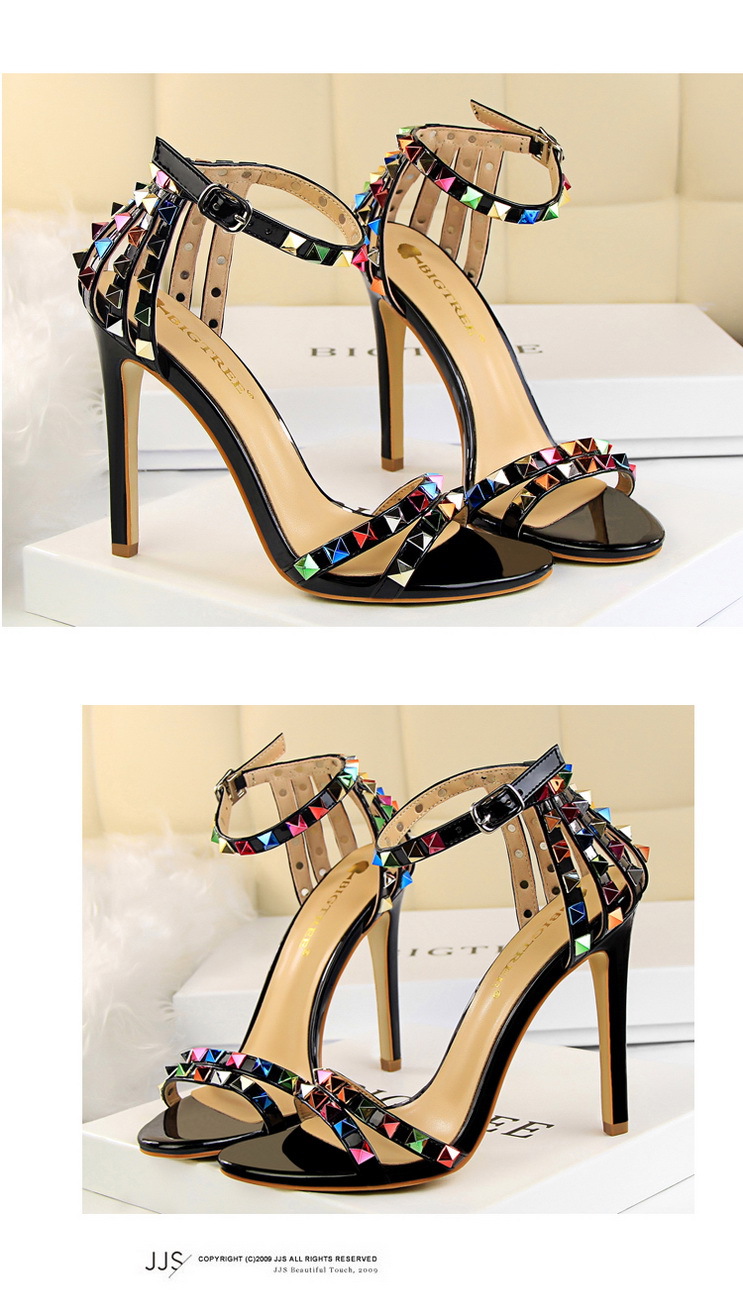 Title 13, Open-toe sandals with cutout colorful studs. St...