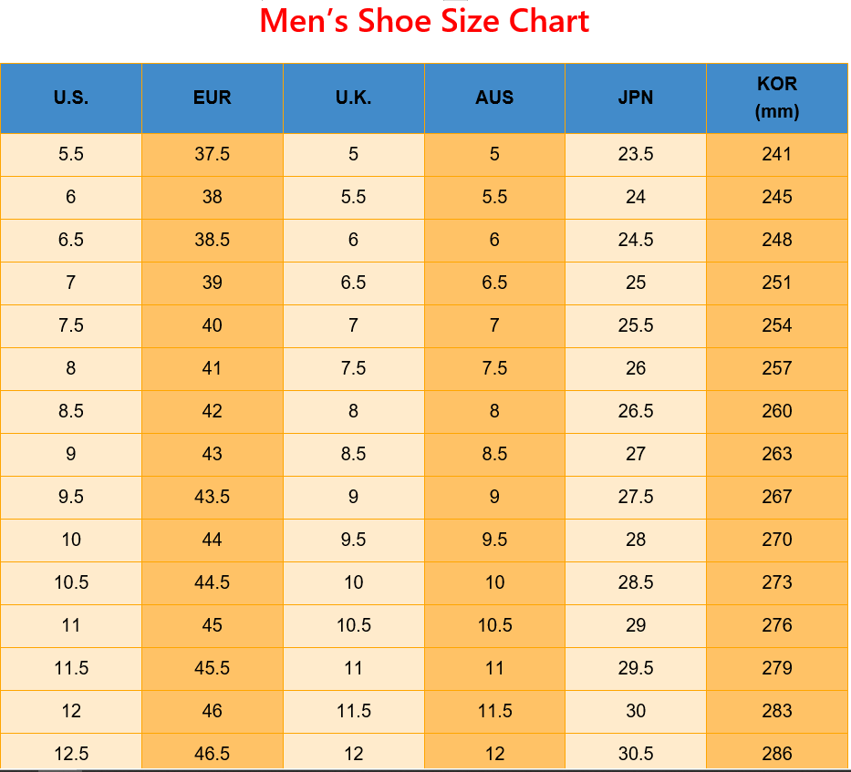 Tabla de conversión de tallas de calzado internacionales para hombres para EE. UU., EUR, Reino Unido, AUS, JP, KOR y tallas de calzado del Reino Unido a EE. UU.