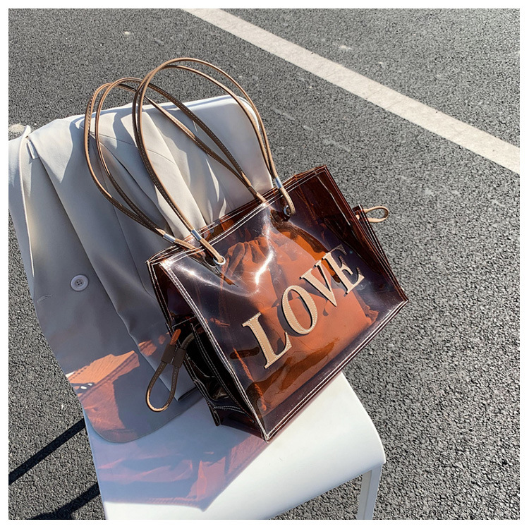 Title 10, Tan Transparent One Shoulder Shopping Bag Beach...