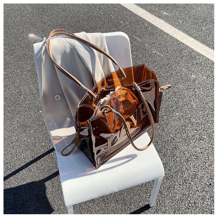 Title 11, Tan Transparent One Shoulder Shopping Bag Beach...