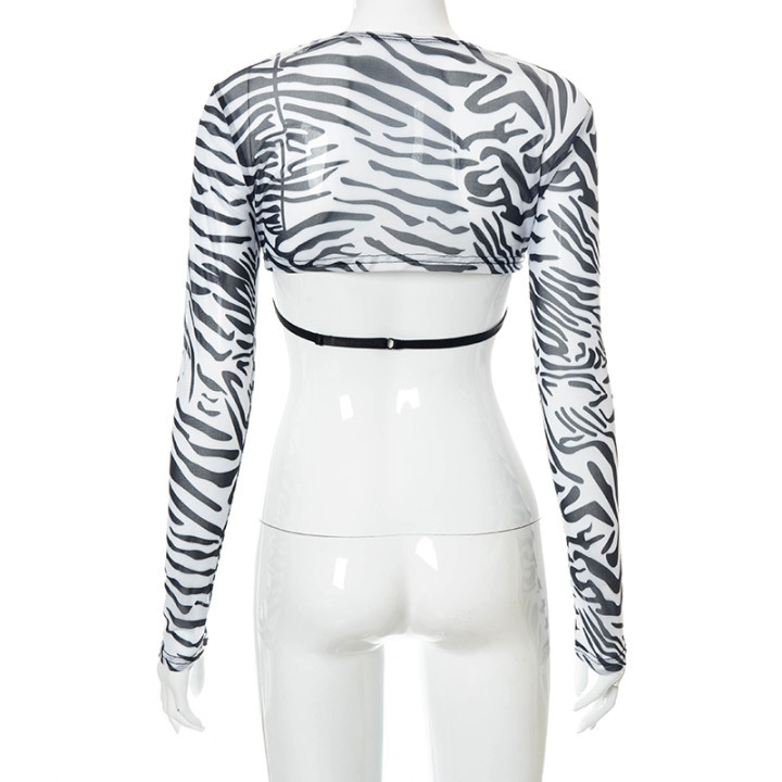 Title 25, Casual Mesh Long Sleeve Black And White Print Top