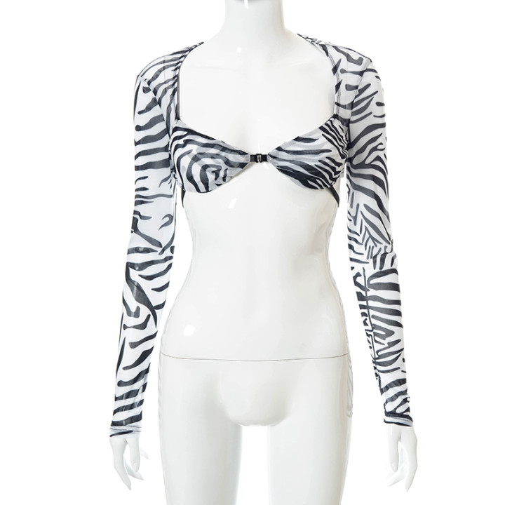 Title 26, Casual Mesh Long Sleeve Black And White Print Top