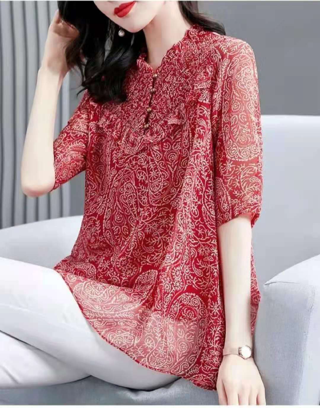 Title 1, Western Style Floral Chiffon Shirt Fungus Colla...