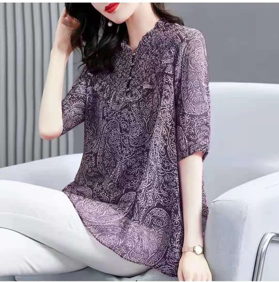 Title 4, Western Style Floral Chiffon Shirt Fungus Colla...