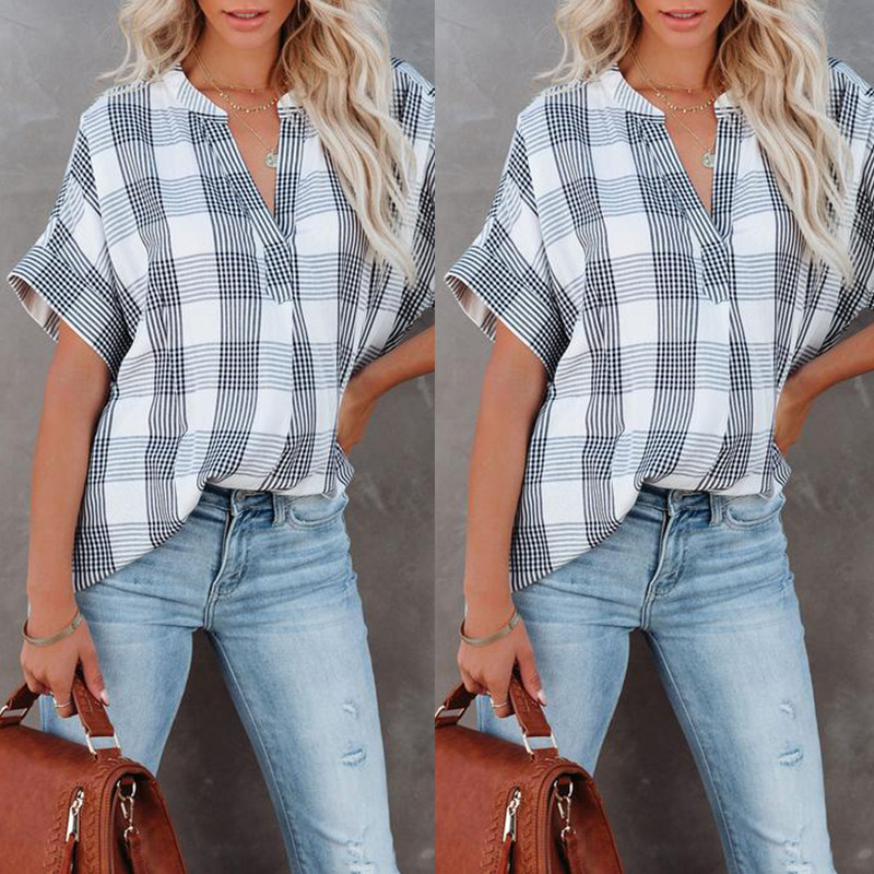 Title 4, Printed V-Neck Loose Casual Check Short Sleeve ...