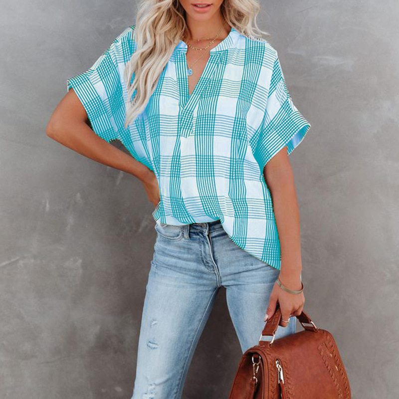 Title 14, Printed V-Neck Loose Casual Check Short Sleeve ...