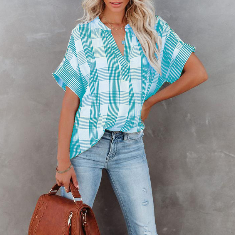 Title 15, Printed V-Neck Loose Casual Check Short Sleeve ...