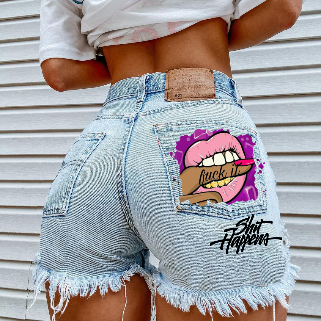 Title 7, Shorts jeans rasgados de moda com estampa de mo...