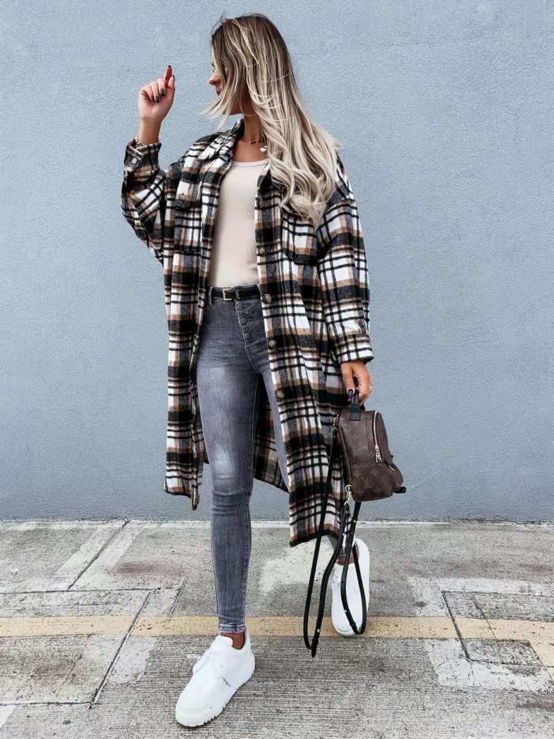 Title 5, New Style Lengthened Plaid Shirt Jacket Womens...