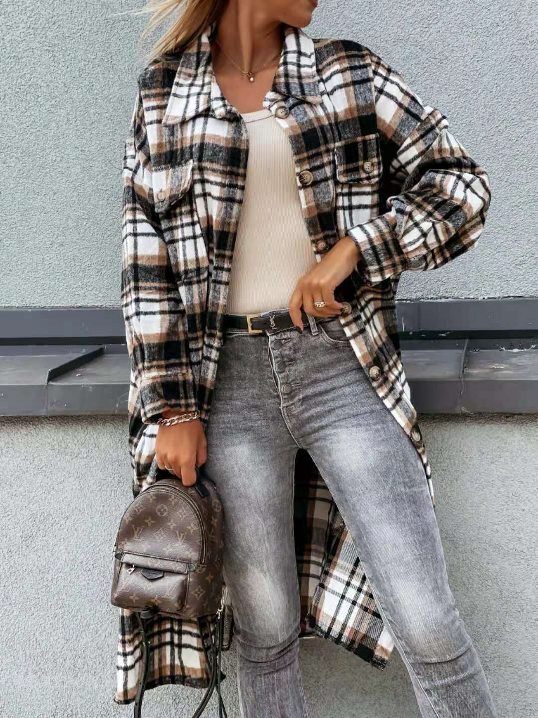 Title 8, New Style Lengthened Plaid Shirt Jacket Womens...