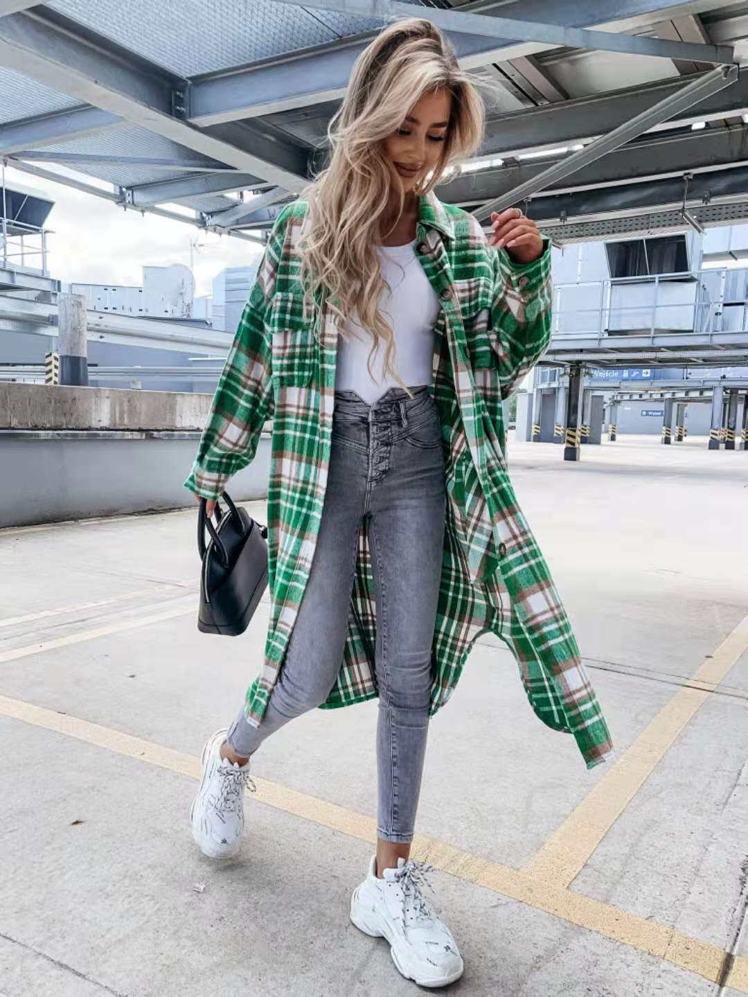 Title 14, New Style Lengthened Plaid Shirt Jacket Womens...