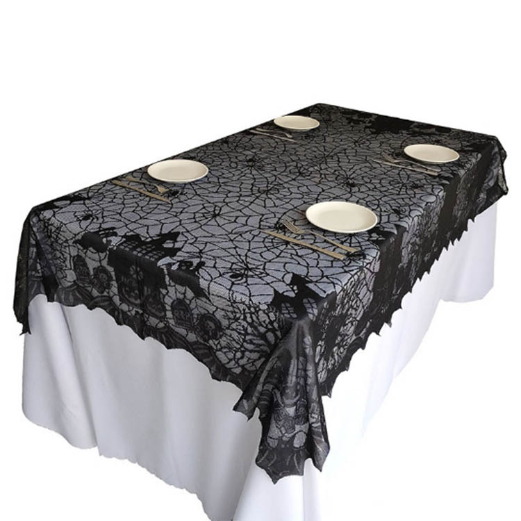 Title 3, Black spider web tablecloth for Halloween. Deco...