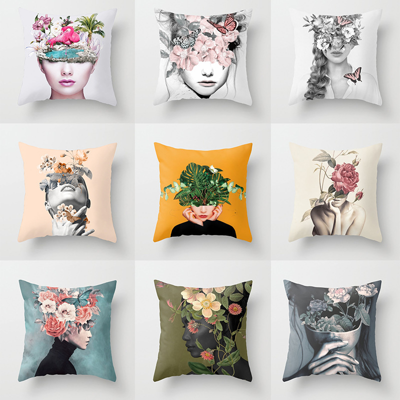 Title 15, Abstract Print Flower Lady Cushion Cover Pillow...