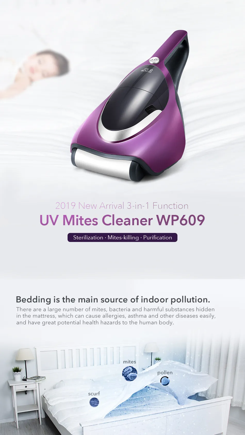 PUPPYOO 609 UV Mattress Vacuum Cleaner OEM For Home Manual UV Vacuum Cleaner for Mites