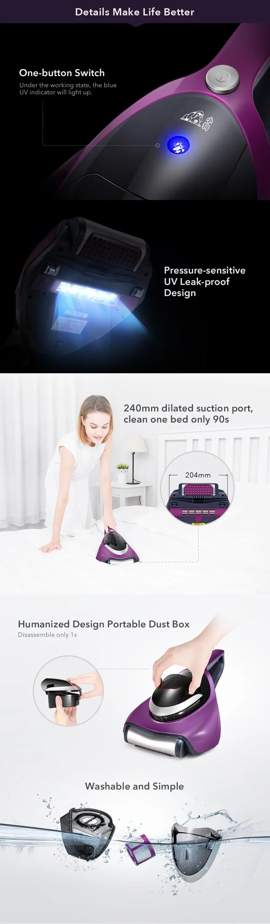 PUPPYOO 609 UV Mattress Vacuum Cleaner OEM For Home Manual UV Vacuum Cleaner for Mites