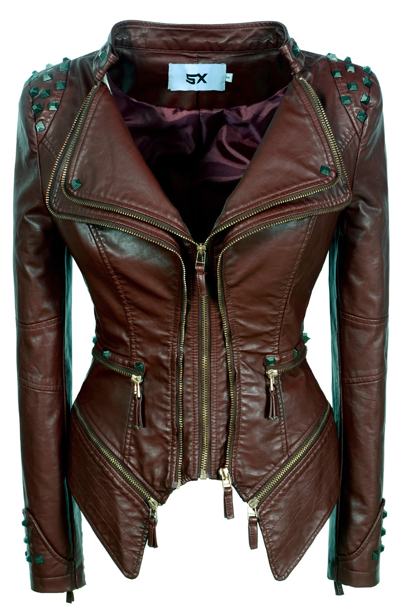 Title 19, Womens Rivet Slim Washed Leather Motorcycle Ja...