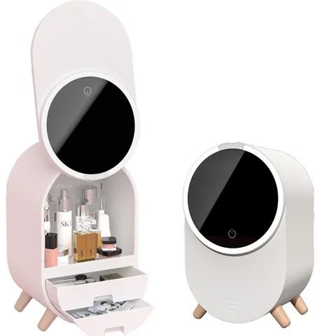 Boîte de rangement pour cosmétiques, organiseur de bureau avec miroir HD, boîte de rangement de beauté amovible lumière LED