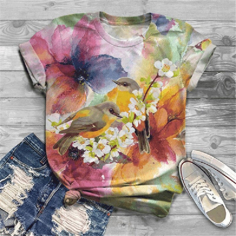 Title 2, Fashion Short-sleeved T-shirt Flower And Bird A...