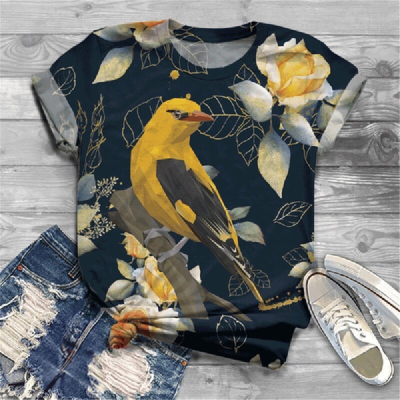 Title 3, Fashion Short-sleeved T-shirt Flower And Bird A...