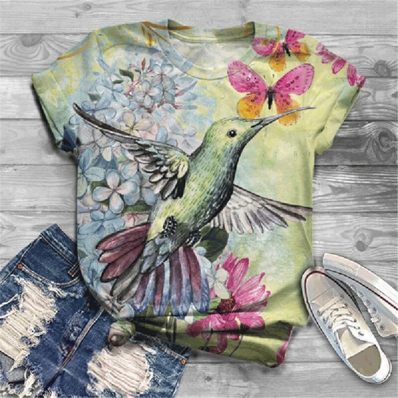 Title 4, Fashion Short-sleeved T-shirt Flower And Bird A...