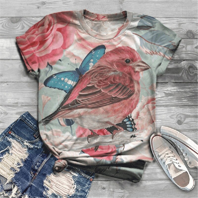 Title 5, Fashion Short-sleeved T-shirt Flower And Bird A...