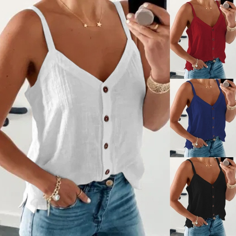 Title 1, Sleeveless V-neck Solid Color Vest Summer Camis...