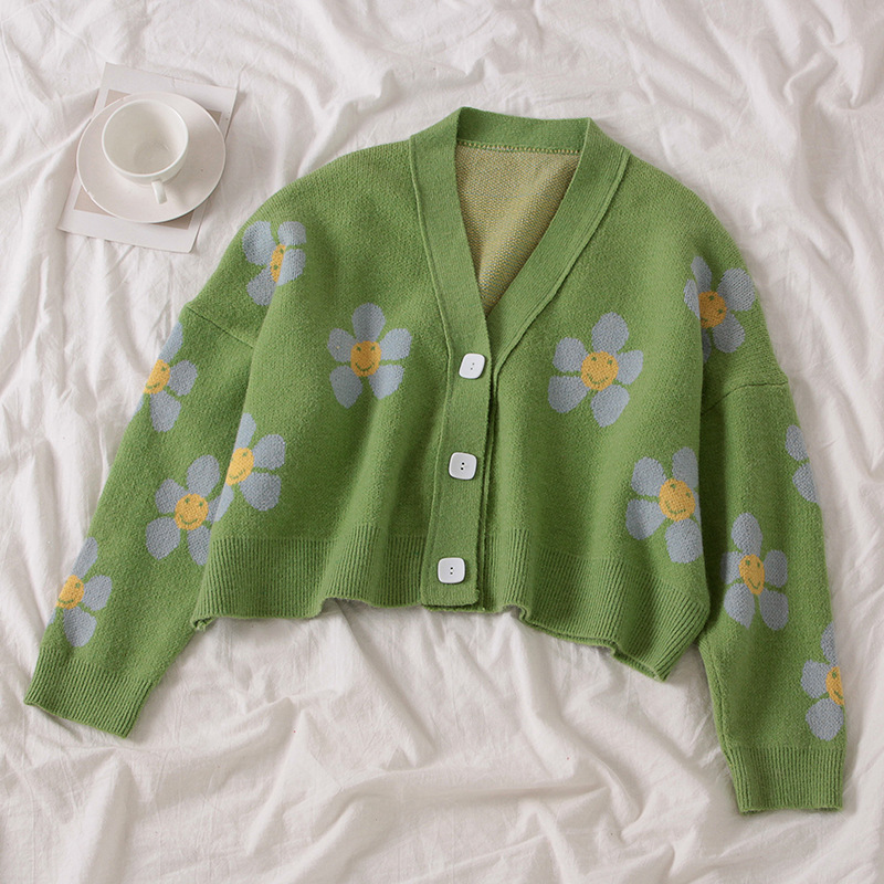 Title 4, New College Style Flower Knitted Jacket Loose V...