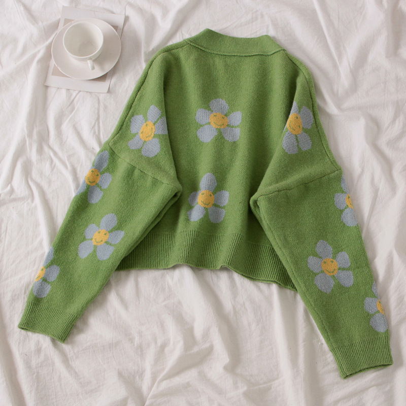 Title 5, New College Style Flower Knitted Jacket Loose V...