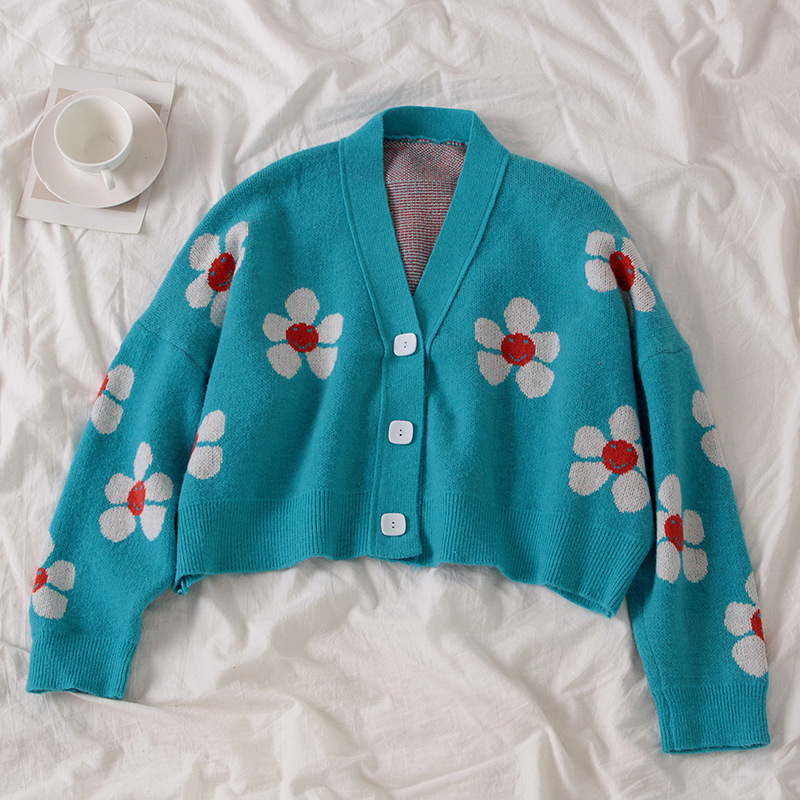 Title 8, New College Style Flower Knitted Jacket Loose V...