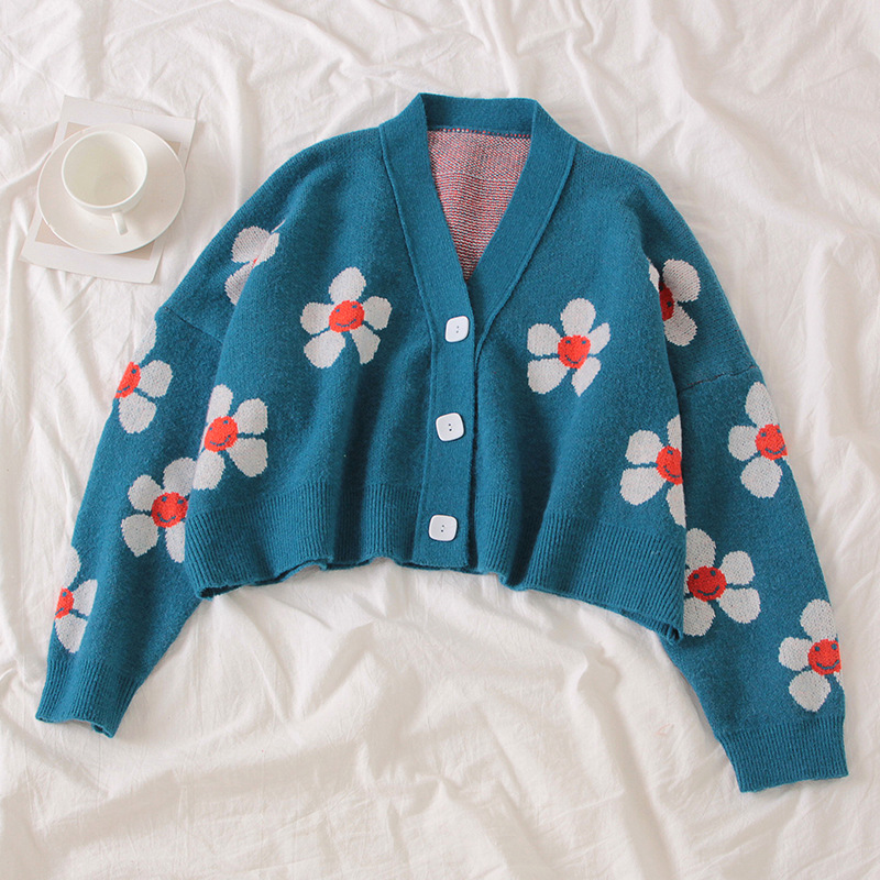 Title 9, New College Style Flower Knitted Jacket Loose V...