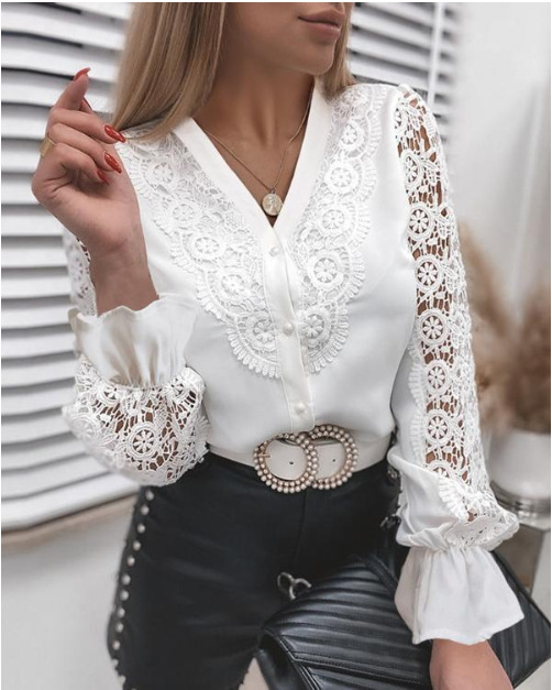 Title 6, Fashion Lace Long Sleeve V-neck Button Shirt. A...