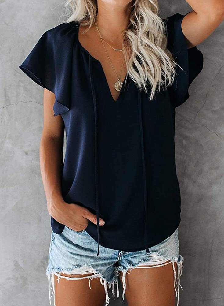 Title 5, Pure Color Casual V-neck Chiffon Shirt Loose An...