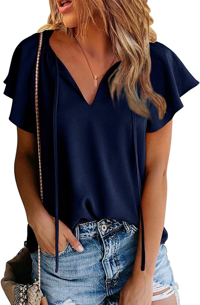 Title 9, Pure Color Casual V-neck Chiffon Shirt Loose An...