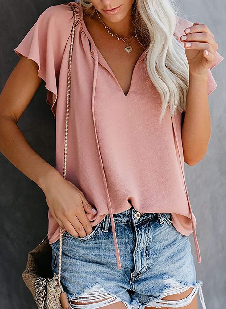 Title 12, Pure Color Casual V-neck Chiffon Shirt Loose An...