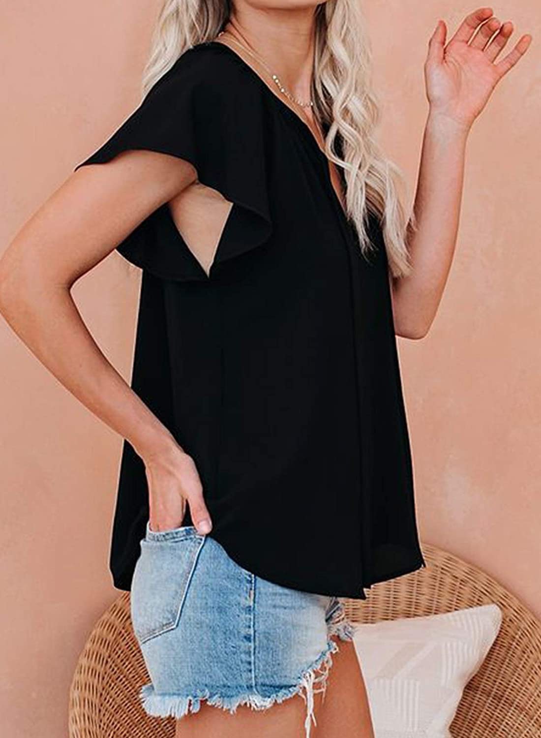 Title 18, Pure Color Casual V-neck Chiffon Shirt Loose An...