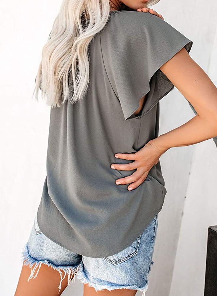 Title 19, Pure Color Casual V-neck Chiffon Shirt Loose An...