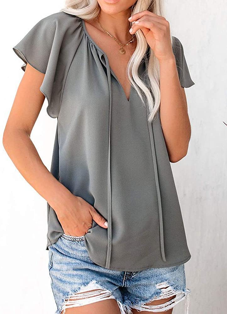 Title 20, Pure Color Casual V-neck Chiffon Shirt Loose An...