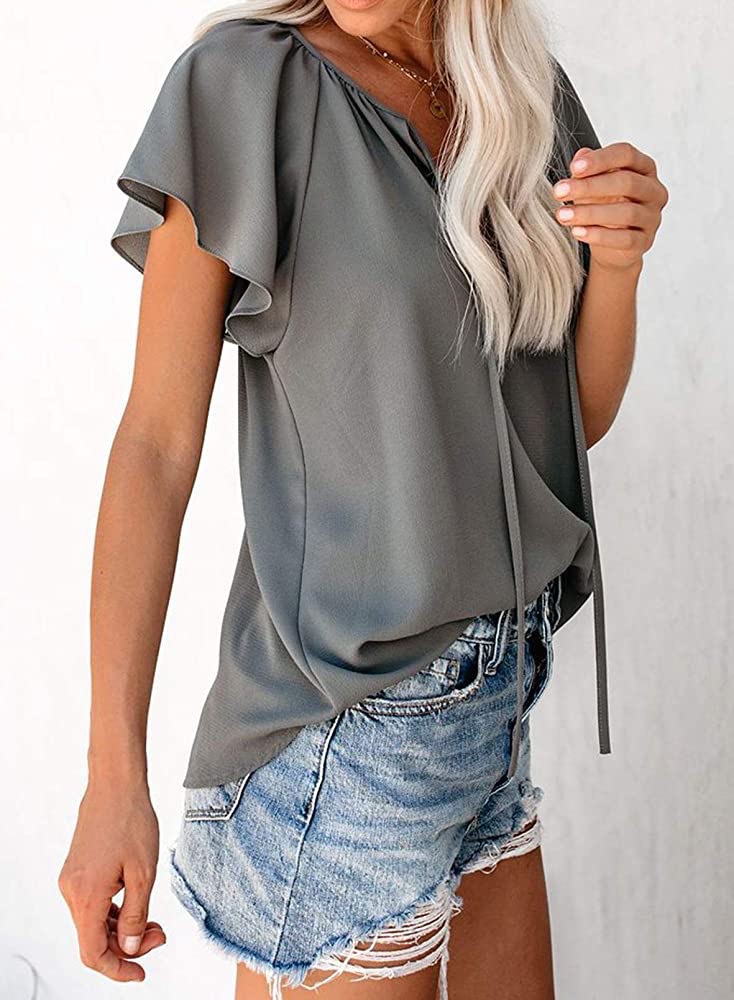 Title 21, Pure Color Casual V-neck Chiffon Shirt Loose An...