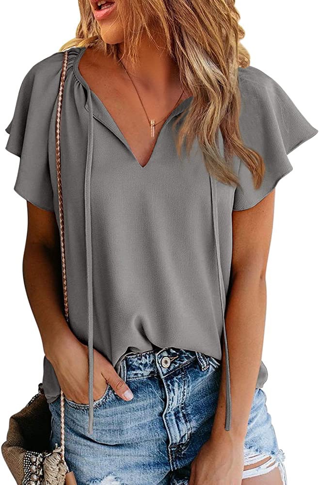 Title 23, Pure Color Casual V-neck Chiffon Shirt Loose An...