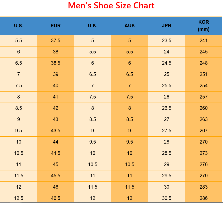 Tableau des tailles de chaussures pour hommes imprimable du Royaume-Uni vers les États-Unis