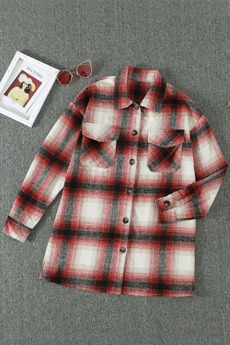 Title 2, Plaid Stitching Lapel Long Sleeve Shirt Women