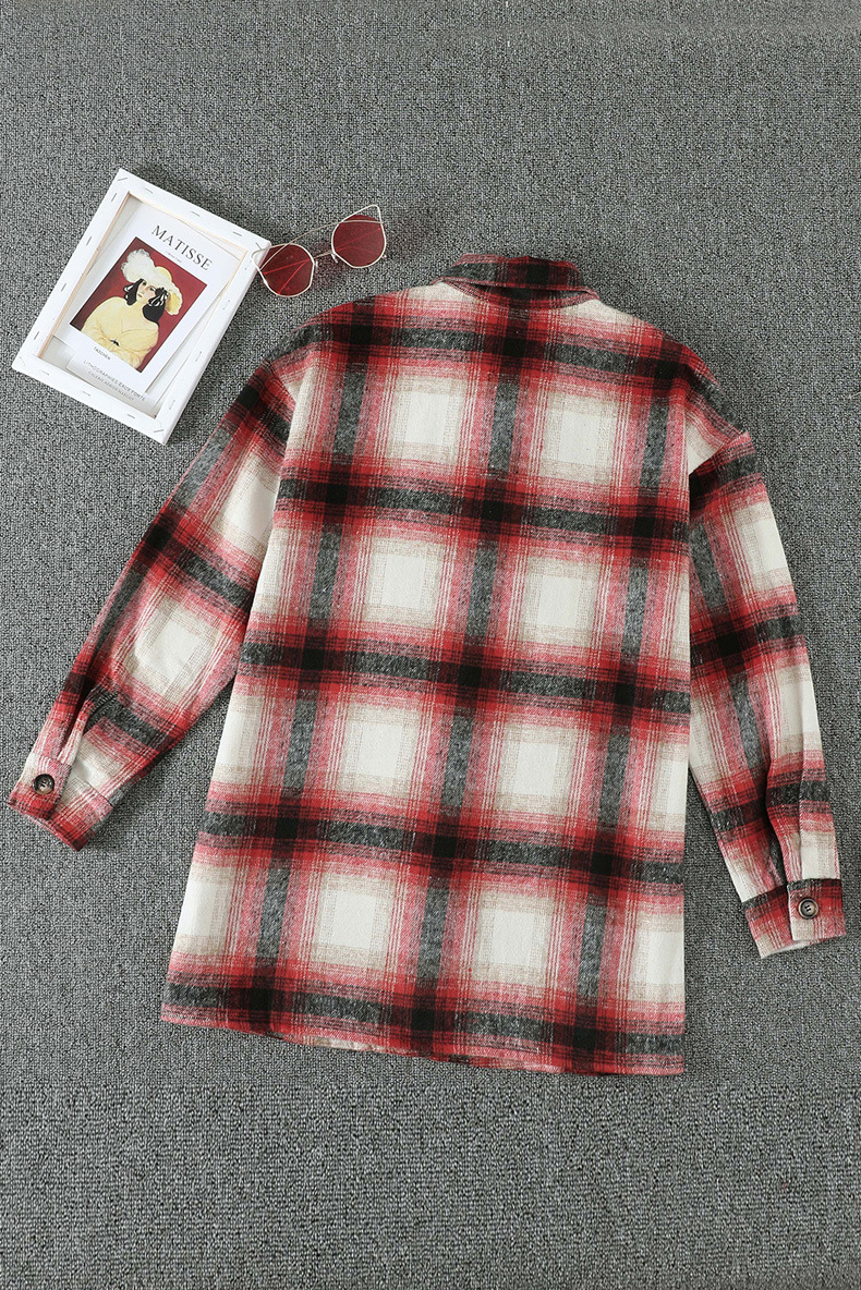 Title 3, Plaid Stitching Lapel Long Sleeve Shirt Women