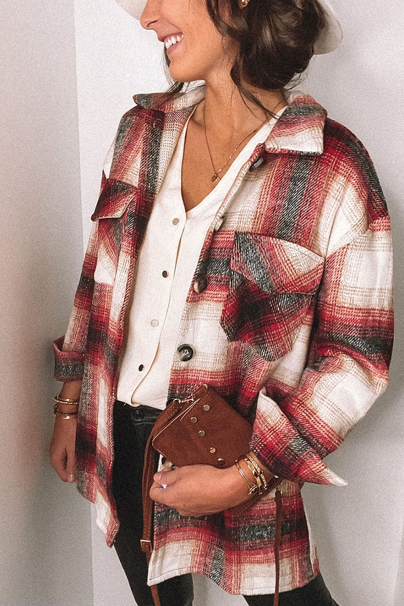 Title 4, Plaid Stitching Lapel Long Sleeve Shirt Women