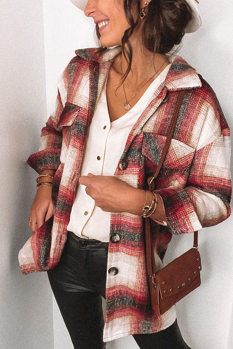 Title 5, Plaid Stitching Lapel Long Sleeve Shirt Women